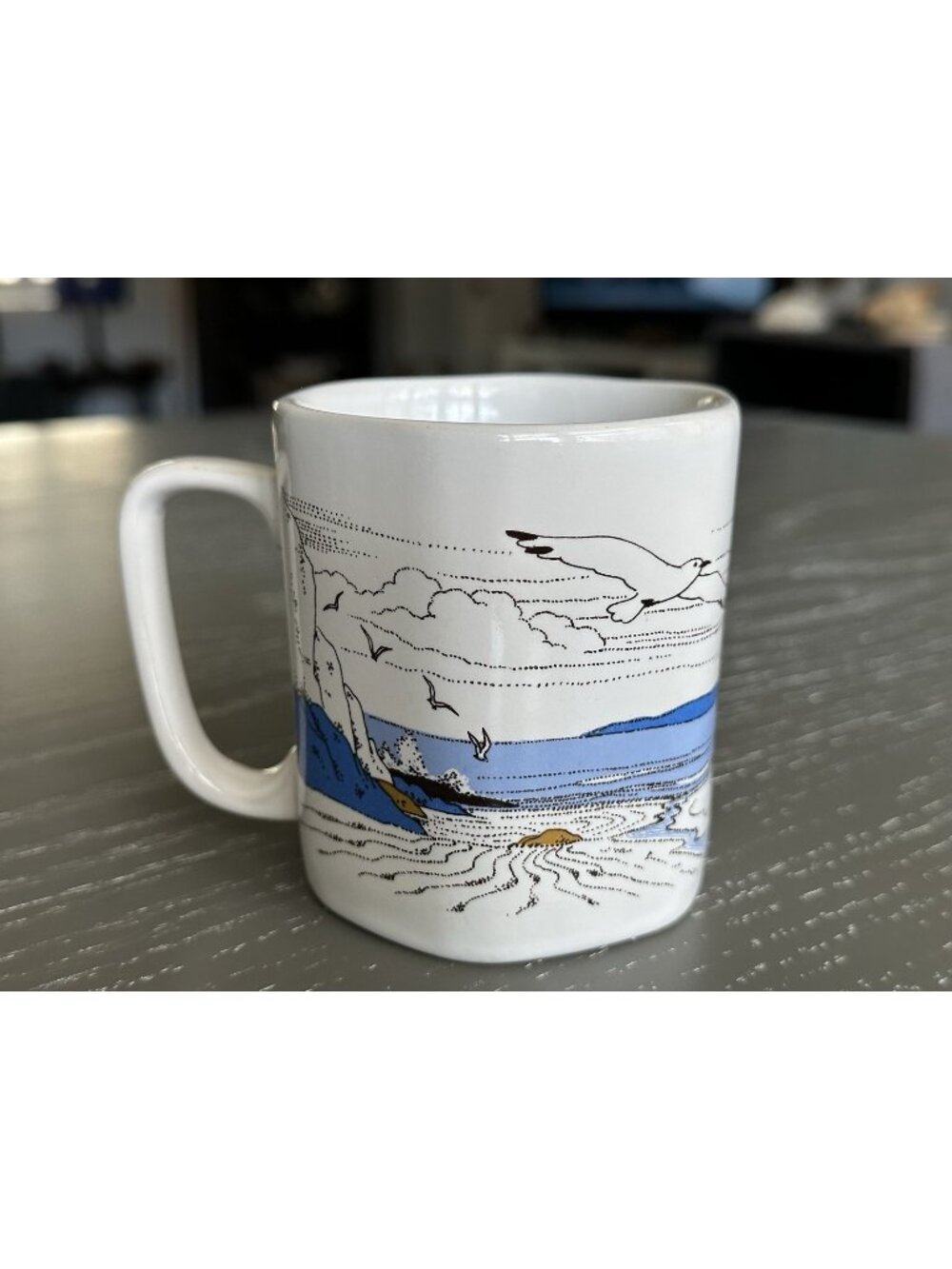 Vintage Otagiri Japan Hexagon Seashore Coffee Mug Sailboats 10 oz Stoneware 3.5”